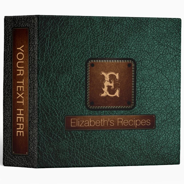 Brunswick Green Leather Elegant Monogram 3 Ring Binder (Front/Spine)