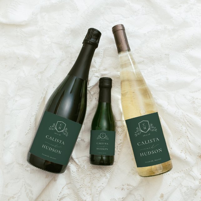 BRUNSWICK Green Monogram Crest Wedding Sparkling Wine Label (Creator Uploaded)