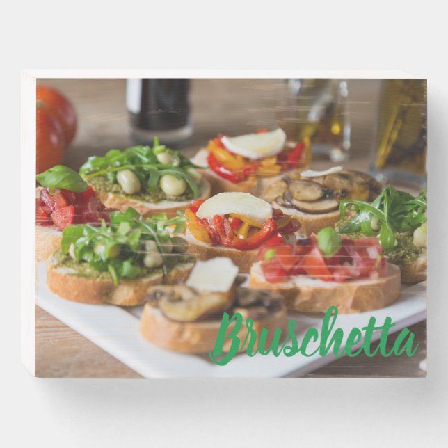 Bruschetta Antipasti with beans and arugula, Wooden Box Sign (Front Horizontal)