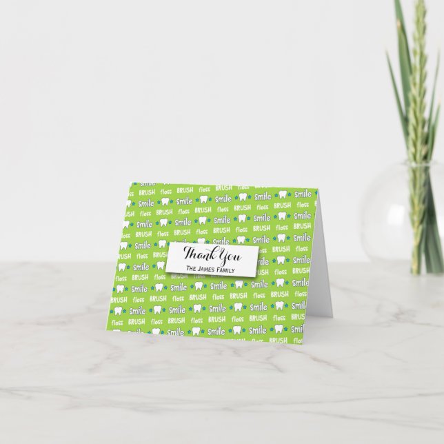 Brush and Floss Dentist Pattern Personalized Letterpress Thank You Card (Front)