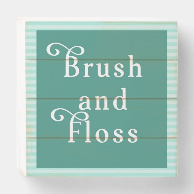Brush And Floss - Mint Green Stripes Bathroom Wooden Box Sign (Front Horizontal)