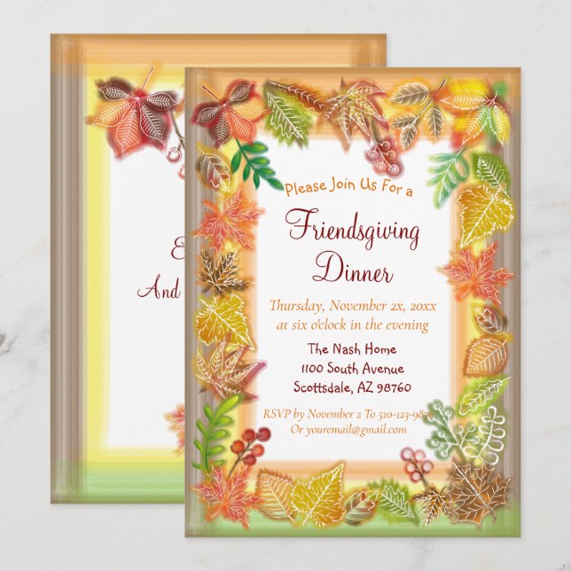 Brush Art of Fall Foliage For Thanksgiving Invitation (Front/Back)