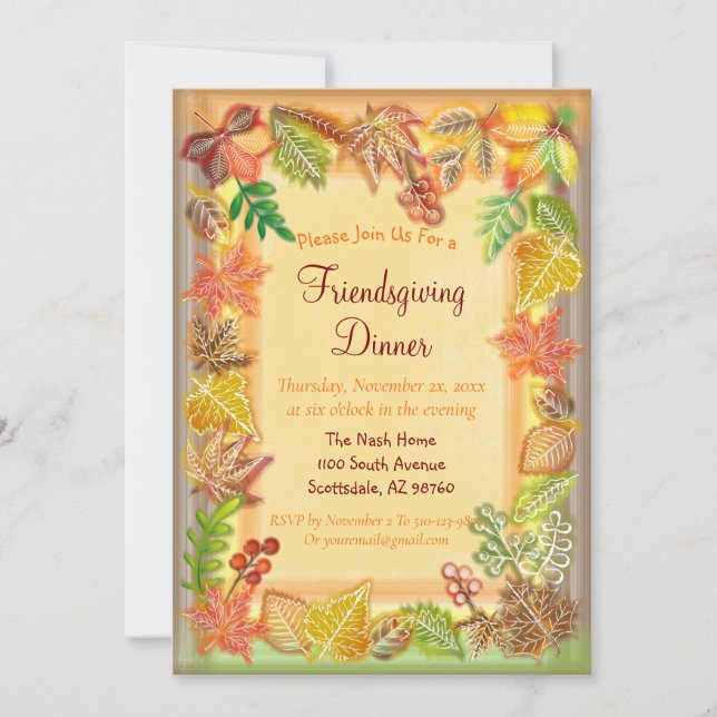 Brush Art of Fall Foliage for Thanksgiving Invitation (Front)