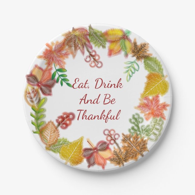 Brush Art of Fall Foliage For Thanksgiving Paper Plates (Front)