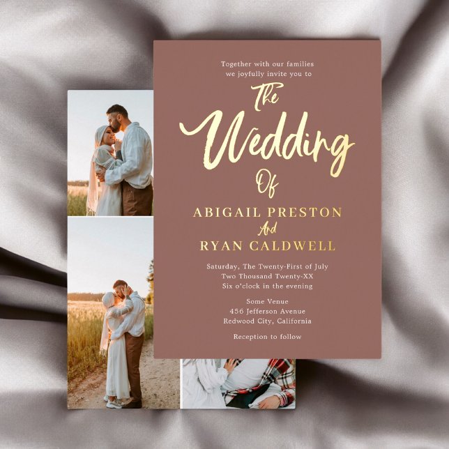 Brush Calligraphy 4 Photo Brown Wedding Foil Invitation (Creator Uploaded)