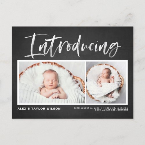 Brush Calligraphy Chalkboard Photo Collage Birth Announcement Postcard