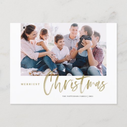 Brush Calligraphy Gold Merriest Christmas Photo Holiday Postcard