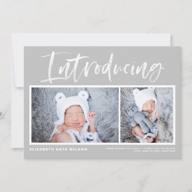 Brush Calligraphy Gray Photo Collage Birth Announcement (Front)