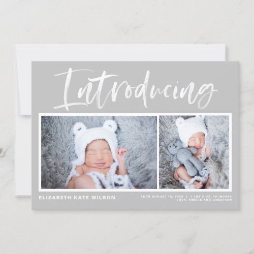 Brush Calligraphy Gray Photo Collage Birth Announcement