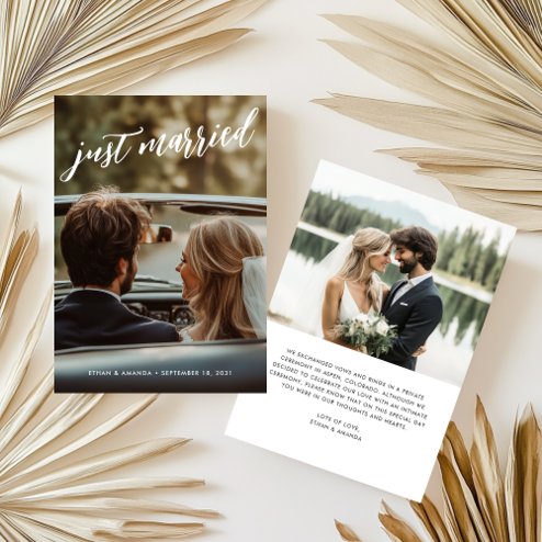 Wedding announcements - Pink Dramatic personalized gifts for you Brush calligraphy just married photo elopement announcement