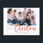 Brush Calligraphy Red Merriest Christmas Photo Holiday Postcard<br><div class="desc">Merriest Christmas! Send Christmas greetings to your loved ones with this hand-lettered Christmas postcard. It features red brush modern calligraphy with a matching delicate snow pattern. Personalize by adding a photo,  names,  date and message. This festive red calligraphy Christmas postcard is available in other colors and products.</div>