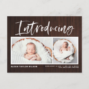 Brush Calligraphy Rustic Wood Photo Collage Birth Announcement Postcard