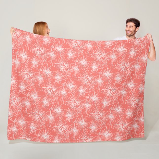 Brush cherry lilly-pilly floral white and coral fleece blanket (In Situ)