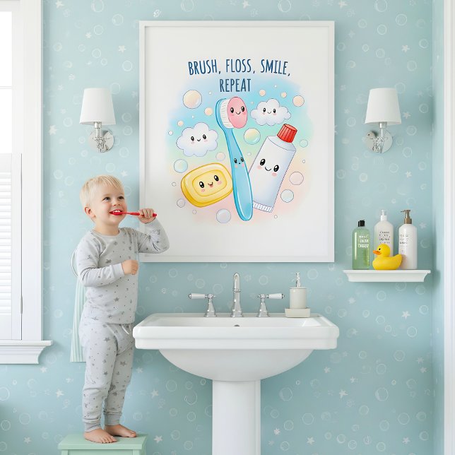 Brush, Floss, Flush, Wash Kids Bathroom Wall Art (Creator Uploaded)