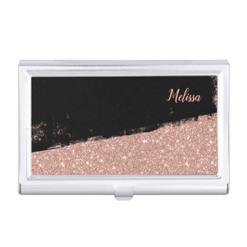 Brush Glitter Rose Gold Black Personalized Business Card Case