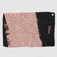 Rose Gold Glitter Diamonds on Black Monogram Golf Towel, Zazzle