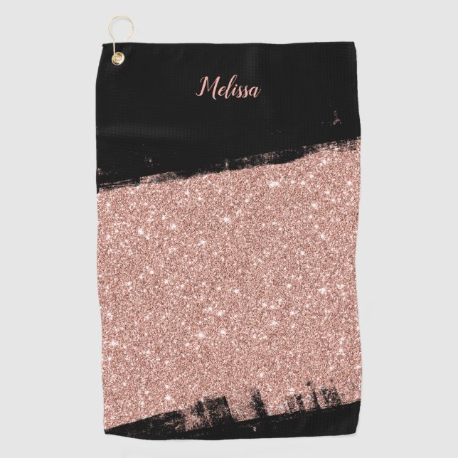 Brush Glitter Rose Gold Black Personalized Golf Towel (Front)