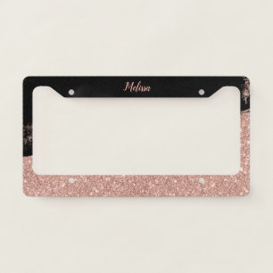 Brush Glitter Rose Gold Black Personalized License Plate Frame