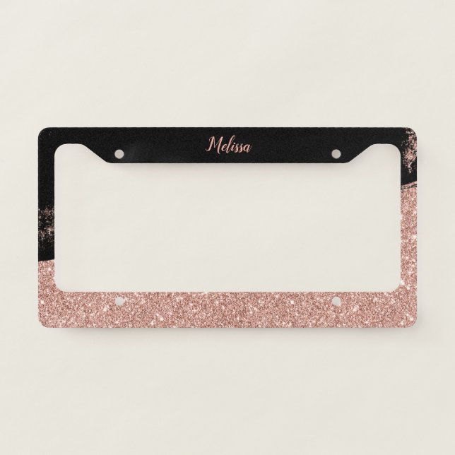 Brush Glitter Rose Gold Black Personalized License Plate Frame (Front)