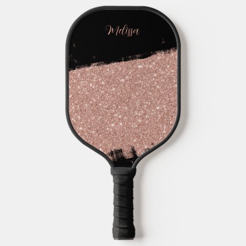 Brush Glitter Rose Gold Black Personalized Pickleball Paddle