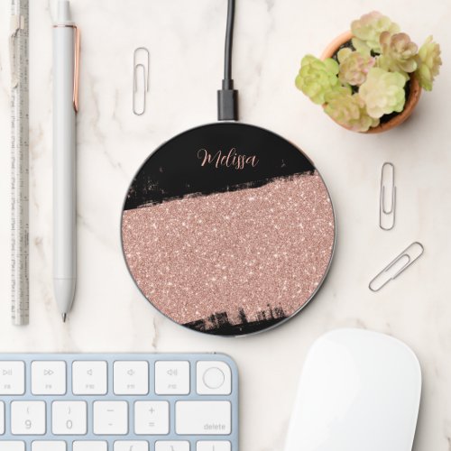 Brush Glitter Rose Gold Black Personalized Wireless Charger