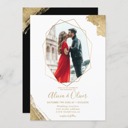 Brush gold chic terrarium frame photo wedding invitation