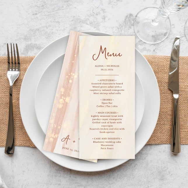 Brush Gold & Terracotta Script Monogram Wedding Menu (Creator Uploaded)