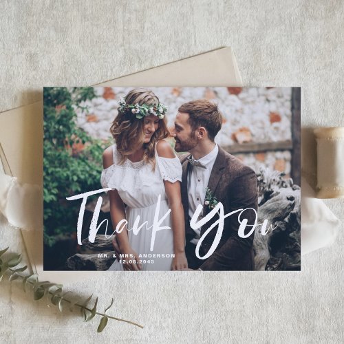 Brush Hand Lettered Photo Wedding Thank You Card