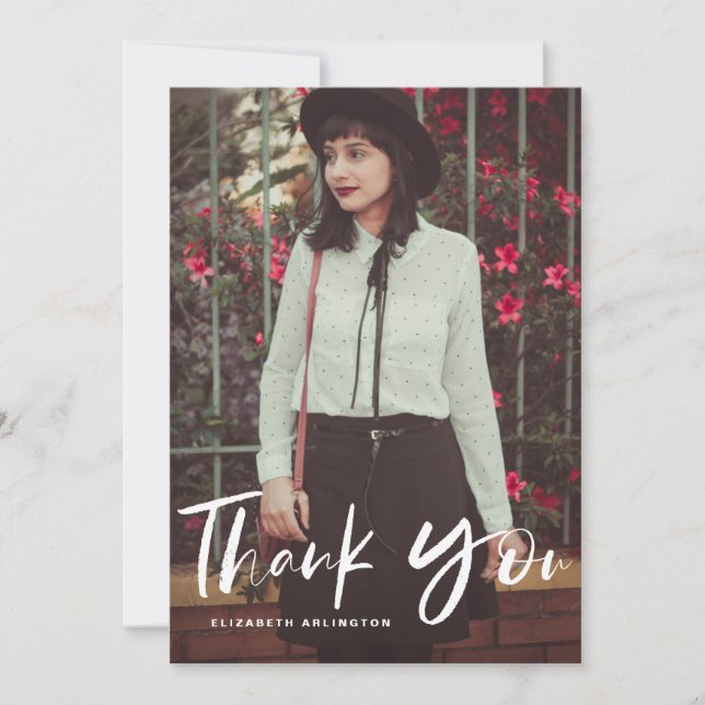 Brush Hand Lettering Vertical Photo Graduation Thank You Card (Front)