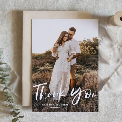 Brush Hand Lettering Vertical Photo Wedding Thank You Card
