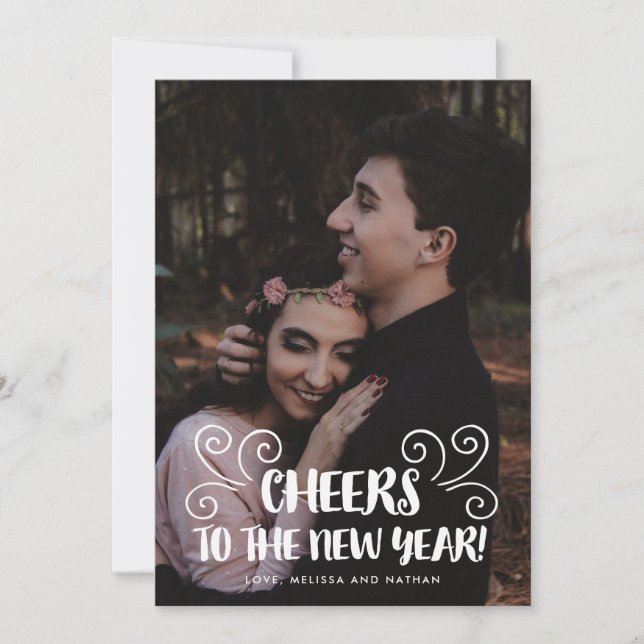 Brush Lettered Cheers New Year Personalized Photo Holiday Card (Front)