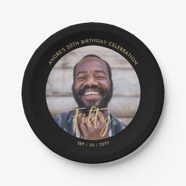 Brush Lettering Custom Photo 50th Birthday Party Paper Plates (Front)