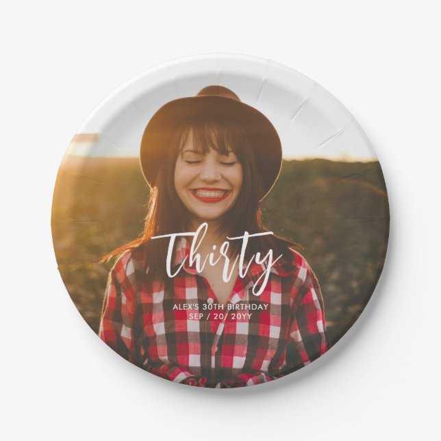 Brush Lettering Custom Photo Birthday Party Paper Plates (Front)