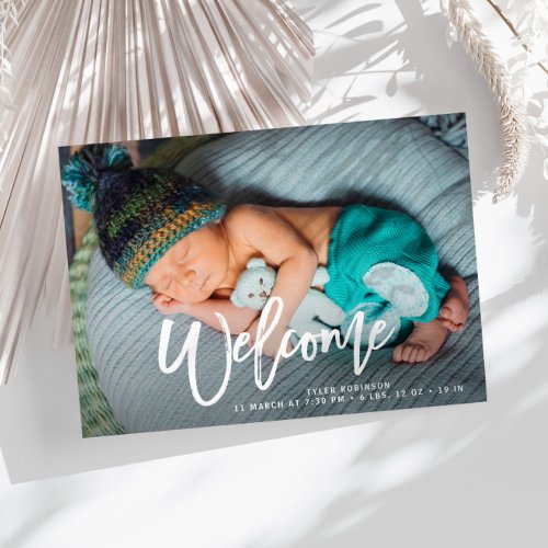 Brush lettering cute baby birth announcement postcard