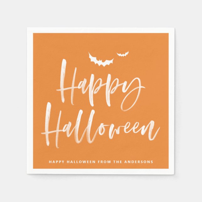 Brush Lettering Orange Happy Halloween Party Napkins (Front)
