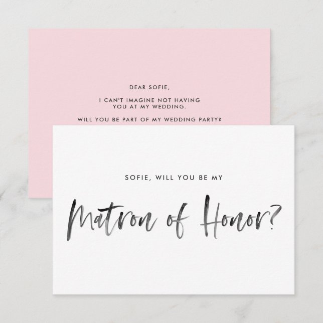 Brush Lettering Pink Be My Matron of Honor Invitation (Front/Back)