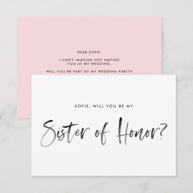 Brush Lettering Pink Be My Sister of Honor Invitation (Front/Back)