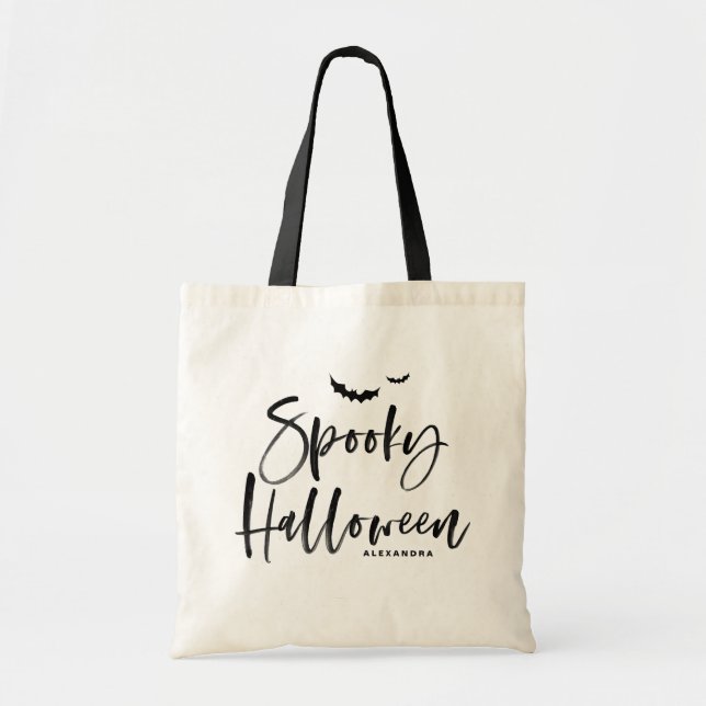 Brush Lettering Spooky Halloween Trick or Treat Tote Bag (Front)