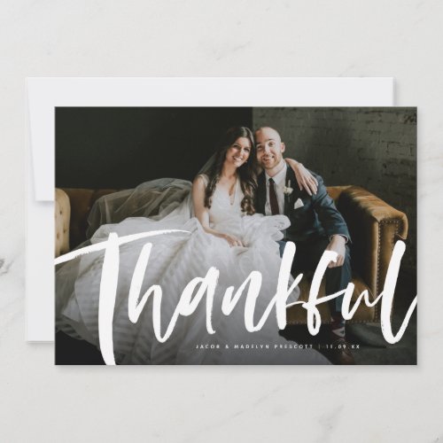 Brush lettering thankful wedding photo thank you card