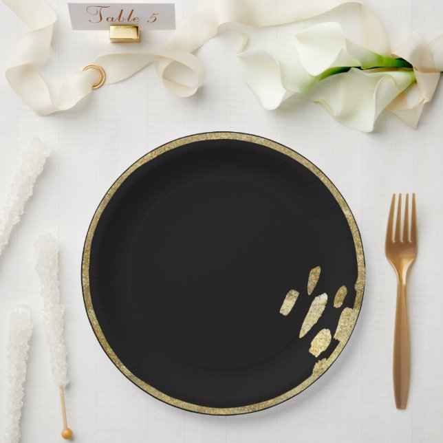 Brush Marks | Gold and Black Circle with Paint Paper Plates (Wedding)