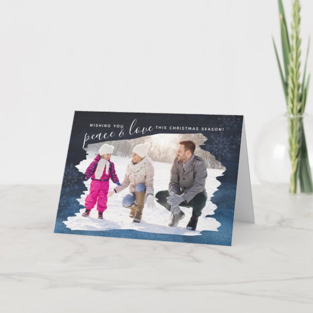 Brush Photo Snowflake Peace and Love Christmas Holiday Card (Front)