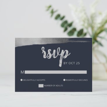 Brush Rustic Navy Silver Simple Modern Wedding RSVP Card