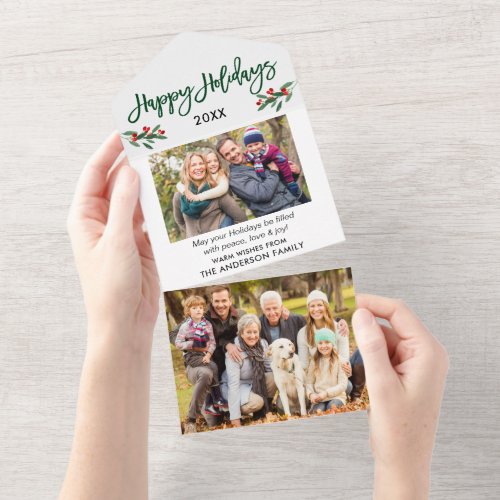 Brush Script 2 Photo Green All In One Holiday Card