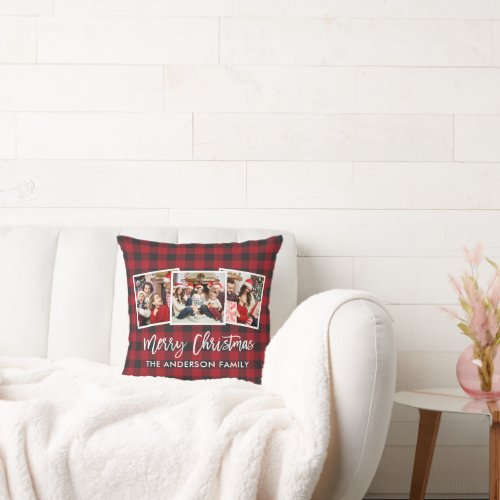 Brush Script 3 Photo Christmas Red Buffalo Plaid Throw Pillow