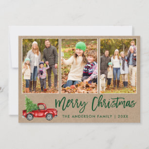 Brush Script 3 Photo Christmas Truck Kraft Holiday Card