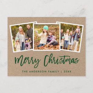 Brush Script 3 Photo Family Christmas Kraft Postcard