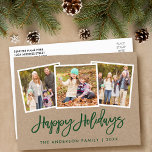 Brush Script 3 Photo Family Holiday Kraft Postcard<br><div class="desc">Modern Green Brush Script 3 Photo Family Happy Holidays Kraft Postcard</div>