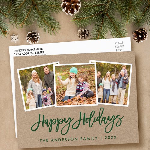Brush Script 3 Photo Family Holiday Kraft Postcard
