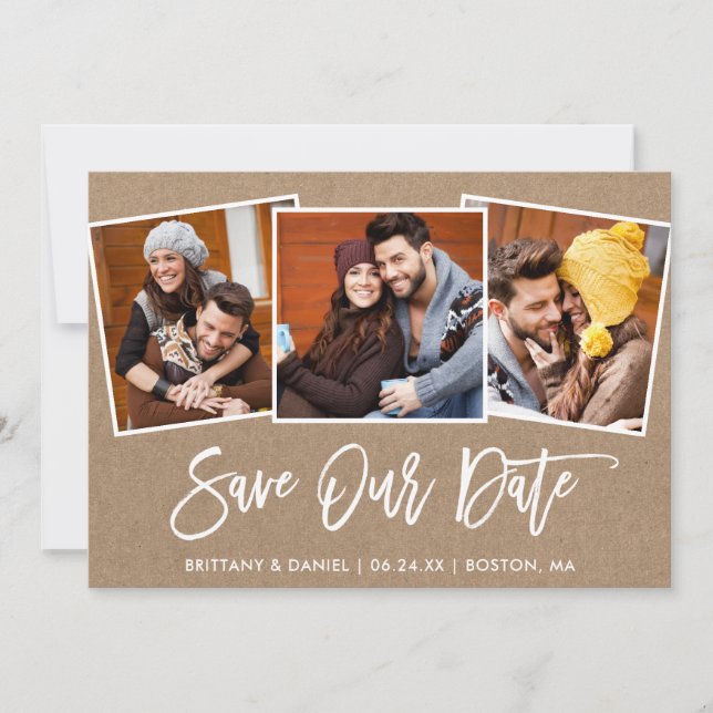 Brush Script 3 Photo Save Our Date Kraft Card (Front)