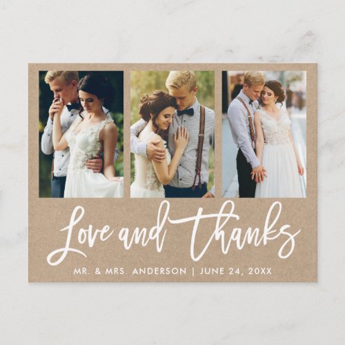 Brush Script 3 Photo Wedding Love Thanks Kraft Postcard